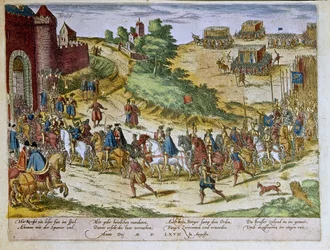 Hertug Ferdinand Alvare af Toledo eller Fernando Alvarez de Toledo y Pimentel (1508-1582), 3. hertug af Alba de Tormes, ankommer til Bruxelles den 8. august 1567 med den spanske hær. 1653 Tryk af Franz Hogenberg (1535-1590) Cabinet of Prints, B.N., Paris.