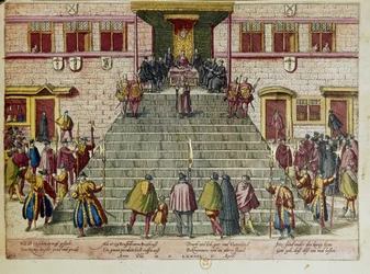 Oplæsning af benådningsakten den 5.4.1574 i Bruxelles: Vilhelm I af Oranien-Nassau, prins af Oranien, med tilnavnet Vilhelm den Tavse (1533-1584), initiativtager til oprøret mod Filip II af Spanien, kendt som Firetyveårskrigen, som kulminerede i