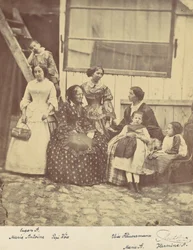 [Gruppeportræt af fire kvinder og tre børn], 1850
