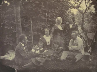 [Tre kvinder, to mænd og et barn på picnic], 1850