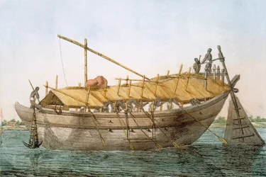 Wolack, flodfartøj til transport af varer, fra "The Hindus, or the Description of their Manners, Costumes and Ceremonies", ca. 1808-12 (farvelagt radering)