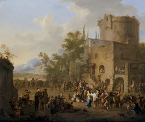 En italiensk byudsigt med figurer, der danser Saltarello