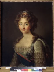 Portræt af kejserinde Elisabeth Alexeievna, prinsesse Louise Augusta af Baden (1779-1826). Hun bærer et perlediadem. (Portræt af kejserinde Elizabeth Alexeievna, prinsesse Louise af Baden). Hustru til zar Alexander I Pavlovich (1777-1825). Maling