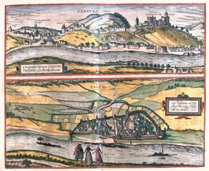 Nøjagtig oversigt over byen Saarburg og byen Pfaltz an der Mosel, Tyskland (gravering