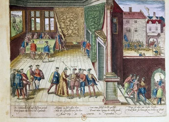 Arrestation af Lamoral, greve af Egmont (1522-1568) og Philippe de Montmorency (1524-1568), greve af Hornes (Hoorn) for deres standpunkt mod kong Filip II af Spanien (1527-1598). De vil blive udført i 1568 (øverst til højre) 1653 Trykt af F