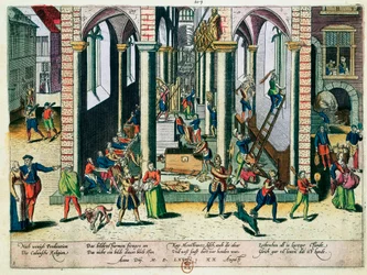 Ødelæggelse af relikvier og statuer i kirker, april 1566 (farvegravering)