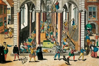 Ødelæggelse af relikvier og statuer i kirker, april 1566, gravering af Franz Hogenberg (1535 - 1590), Religionskrige, Frankrig