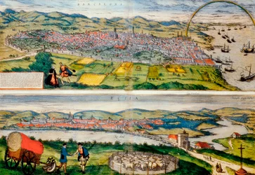 Kort over Barcelona og Ecija fra World Cities af Georg Braun