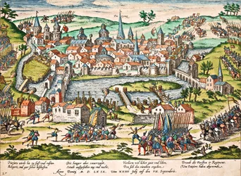 Papister belejrer Poitiers, juli 1569, gravering af Franz Hogenberg (1535-1590), religionskrige, Frankrig