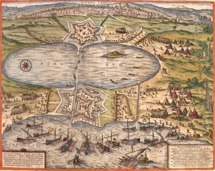 Udsigt over Tunis (Tunes), Tunesien, med fæstningen Goulette (Guleta Arx), som kontrollerer adgangen til Tunis-søen og den nye fæstning (nova arx) foran bymuren (ætsning)
