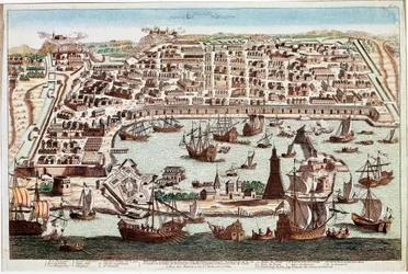 Udsigt over byen Messina på Sicilien - Indgravering af Franz Hogenberg (1535-1590) fra "" Civitatis Orbis Terranum"" af Braun og Hogenberg - 1594 (Udsigt over byen Messina, Sicilien - Gravering af Franz Hogenberg (1535-1590) ) fra "" Civitatis Hobis Terran