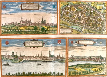 Udsigter og planer af Cleves (Cliviam), Duisburg (Duisburgum), Emmerich am Rhein (Embrica) i Tyskland og Genappe i Belgien (radering