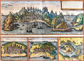 Udsigt over Aden (Yemen), Mombasa (Momba) (Kenya), Kilwa Kisiwani (Quiloa) (Tanzania) og Cefala Diana (Cefala) (Sicilien, Italien) (radering)