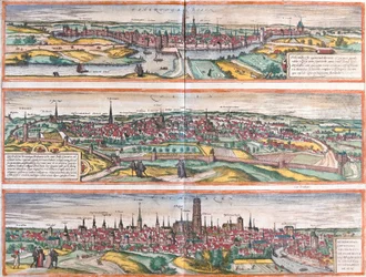Udsigt over Bois le Duc (Buscumducis), i Holland, Leuven (Lovanium) og Mechlineen (Mechlineen) i Belgien (radering).