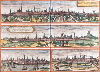 Udsigt over Brunswick (Brusvicum), Lüneburg (Loneburgum), Breme (Brema) og Oldenburg (Aldenburgum), Tyskland (radering