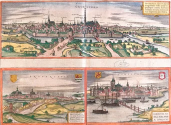 Udsigt over Groningen (Groeninga), Brouwershaven (Broversavia) og Gorinchem (Goricum), i Holland (ætsning