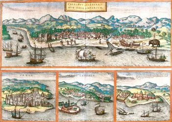 Udsigt over Kozhikode eller Calicut (Indien), Ormuz (Iran), Cannanore eller Kannur (Indien) og St. George of the Mine (S. George) eller Elmina (Ghana) (ætsning