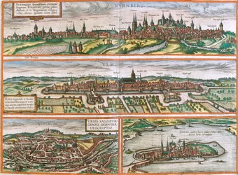 Udsigt over Nürnberg (Nurnberga), Ulm (Ulma), Lindau (Lindola), Tyskland og Salzburg (Salisburgensis) i Østrig (radering