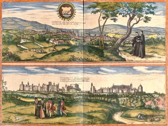 Udsigt over Oxford (Oxonium) og Windsor (Vindesorium), England (ætsning