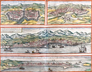 Udsigt over Parma (Parma), Siena (Sena), Palermo (Panhormus) og Trapani (Drepanum) (Sicilien), Italien (ætsning