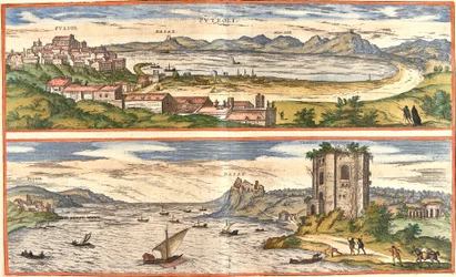 Udsigt over Pozzoli (Puteoli) og bugter (Baiae) (nuværende Baia), Italien, med de gamle rester af de termiske bade i Napoli-bugten og en fæstning (ætsning