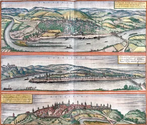 Udsigt over Treves (Treveris), Koblenz (Coboletz) og Rothenburg (Rotenburgum), Tyskland (radering