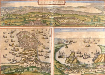 Udsigt over Tunis (Tunes) og Mahdia (Aphrodisium) i Tunesien, og Penon de Velez de la Gomera eller Badis (Bades) (Penon de Veles), penon de Veles, omstridt mellem Spanien og Marokko (radering).