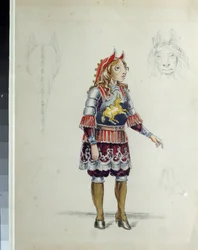 Kostumedesign til balletten ""Le petit cheval pukkelryg"" af Cesare Pugni (1802-1870) (kostumedesign til balletten Den lille pukkelryggede hest af C. Pugni). Den lille hest. Værk af Franz Iosifovich Nordmark, blyant og akvarel på papir