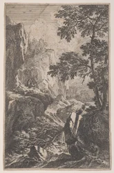Plade 2: en jæger, der sigter med sin pistol, knælende ved siden af en stor sten til højre, en ma..., ca. 1700-25.