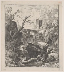 Plade 2: to figurer, der sidder på en træstamme på bredden af en å i forgrunden,..., ca. 1700-25.