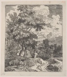 Plade 3: en hyrde siddende på en bakke, en ko og to får til venstre, og en by i Ri..., ca. 1700-25.