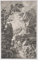 Plade 4: to fiskere på bredden af et vandløb til højre, et vandfald i midten, fra..., ca. 1700-25.