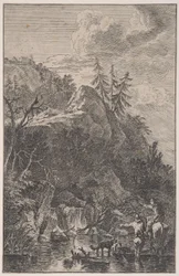 Tavle 5: kvindefigur til hest og en mandlig figur med en hund stående i en stre..., ca. 1700-25.