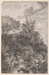 Tavle 5: kvindefigur til hest og en mandsfigur med en hund stående i en stre..., ca. 1700-25.