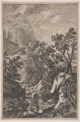 Plade 6: to mandsfigurer stående på en sten til højre, et vandfald i midten med en..., ca. 1700-25.