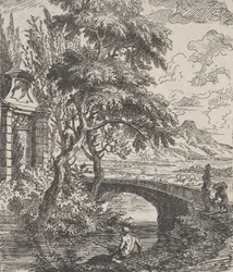 Plade 7: to figurer til højre ved at krydse en stenbro, en fisker i for..., ca. 1700-25.