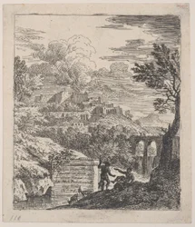 To hyrder hviler ved siden af en piedestal, en akvædukt til højre i baggrunden, en..., ca. 1700-25.