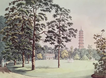 En udsigt i Kew Gardens af Alhambra og Pagoda, indgraveret af Heinrich Joseph Schutz (1760-1822), ca. 1798 (akvatinte)