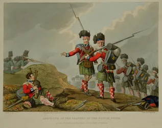 Anekdote om tapperheden af Scotch Piper fra det 11. højlandsregiment i slaget ved Vimiero, indgraveret af John Heaviside Clark (ca. 1771-1863) og Matthew Dubourg (fl. 1813-20) fra 