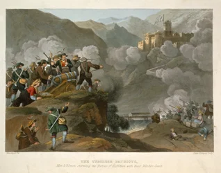 De tirolske patrioter, der stormer fæstningen Kuffstein med deres trækanoner, graveret af John Heaviside Clark (ca. 1771-1863) og Matthew Dubourg (fl.1813-20) fra Historic, Military and Naval Anecd