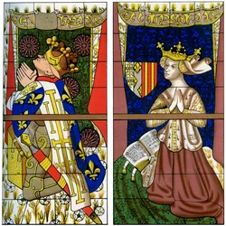 Fragment af et farvet glasvindue i Le Mans-katedralen, Mans, Frankrig, 1849.