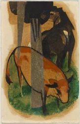 Rød hest og gul ko (sortbrun hest og gul ko), postkort fra Sindelsdorf til Alfred Kubin i Wernstein/Zwickledt