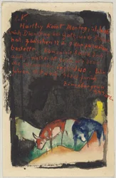 "Zinnobergrüss", Franz Marc fra Sindelsdorf til Wassily Kandinsky i München: postkort, poststemplet 19. april 1913