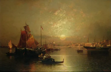 Forsendelse på lagunen, Venedig, ved solnedgang