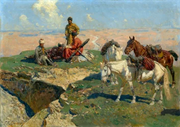 Standsningen af ​​de kaukasiske krigere - Maleri af Franz Roubaud (1856-1928)