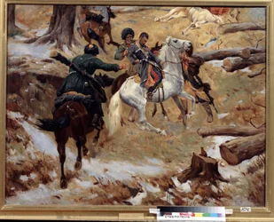 Generalkommandant Nikolai Sleptsovs (1815-1851) død dræbt af tjetjenere i kamp den 10. december 1851 under Kaukasuskrigen (erobringen af ​​Kaukasus) i Tjetjenien. (Generalmajor Nikolay Sleptsovs død under et slagsmål i Tjetjenien den