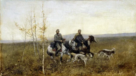 Jægerne. Maleri af Franz Roubaud (1856-1928), olie på lærred