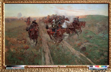Scene fra slaget ved Kuryuk Dara i juli 1854. Maleri af Franz Roubaud (1856-1928). Olie på lærred