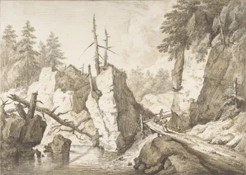 Schweizisk bjerglandskab med lille bro over en bæk, 1751-81.