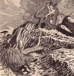 Thor og Hymir Fiskeri. Illustration til The Edda: Germanic Gods and Heroes af Hans von Wolzogen